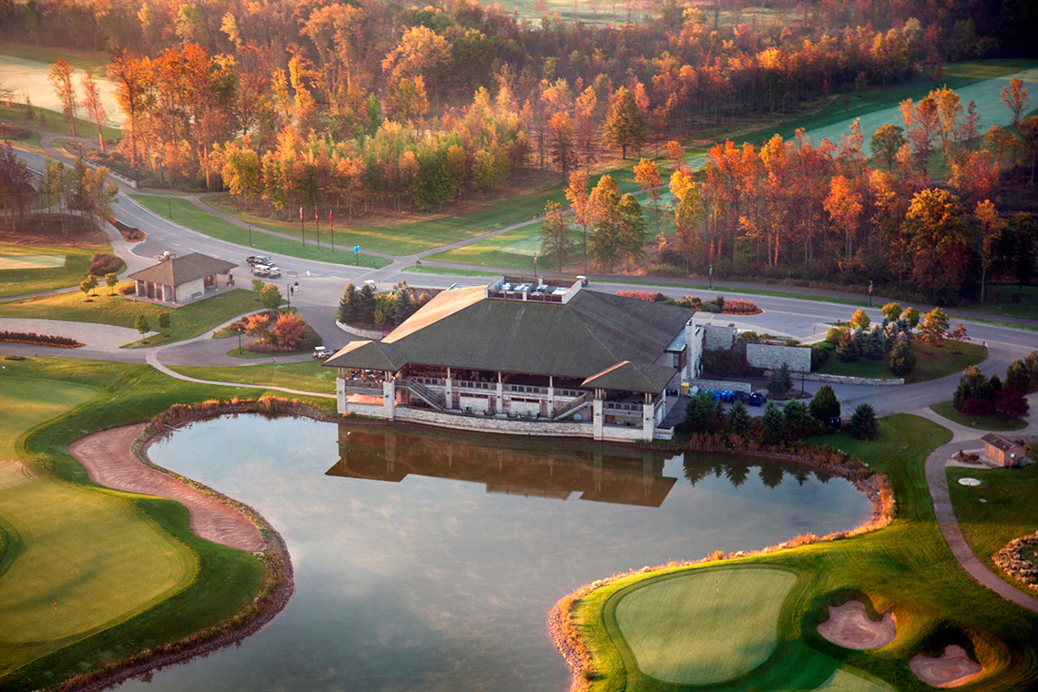 An aerial view of Legends Clubhouse during the evening